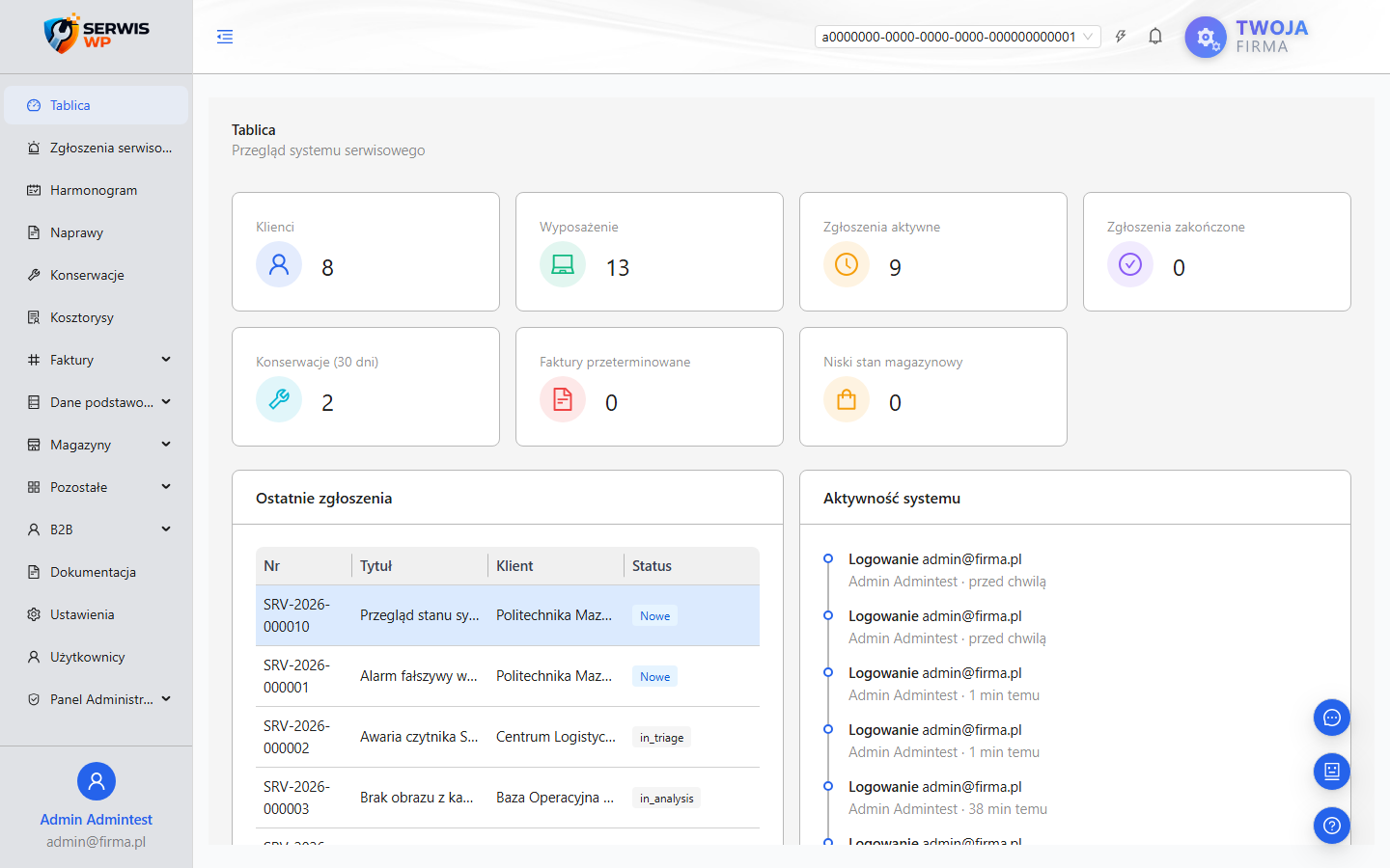 Dashboard systemu SerwisRun z przyciskiem chatbota AI w prawym dolnym rogu