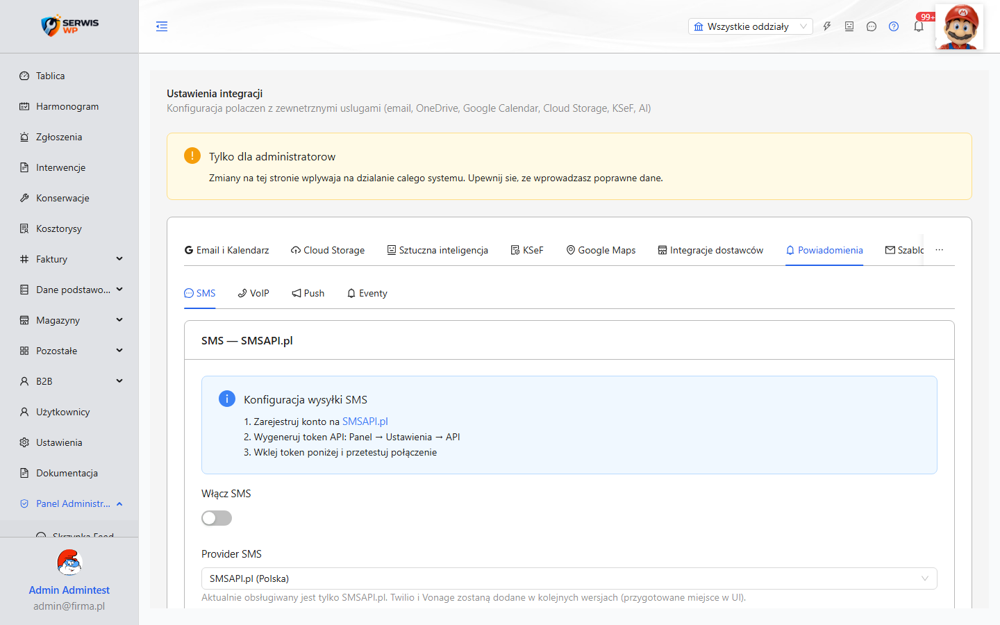Panel konfiguracji powiadomień — zakładki SMS / VoIP / Push / Eventy
