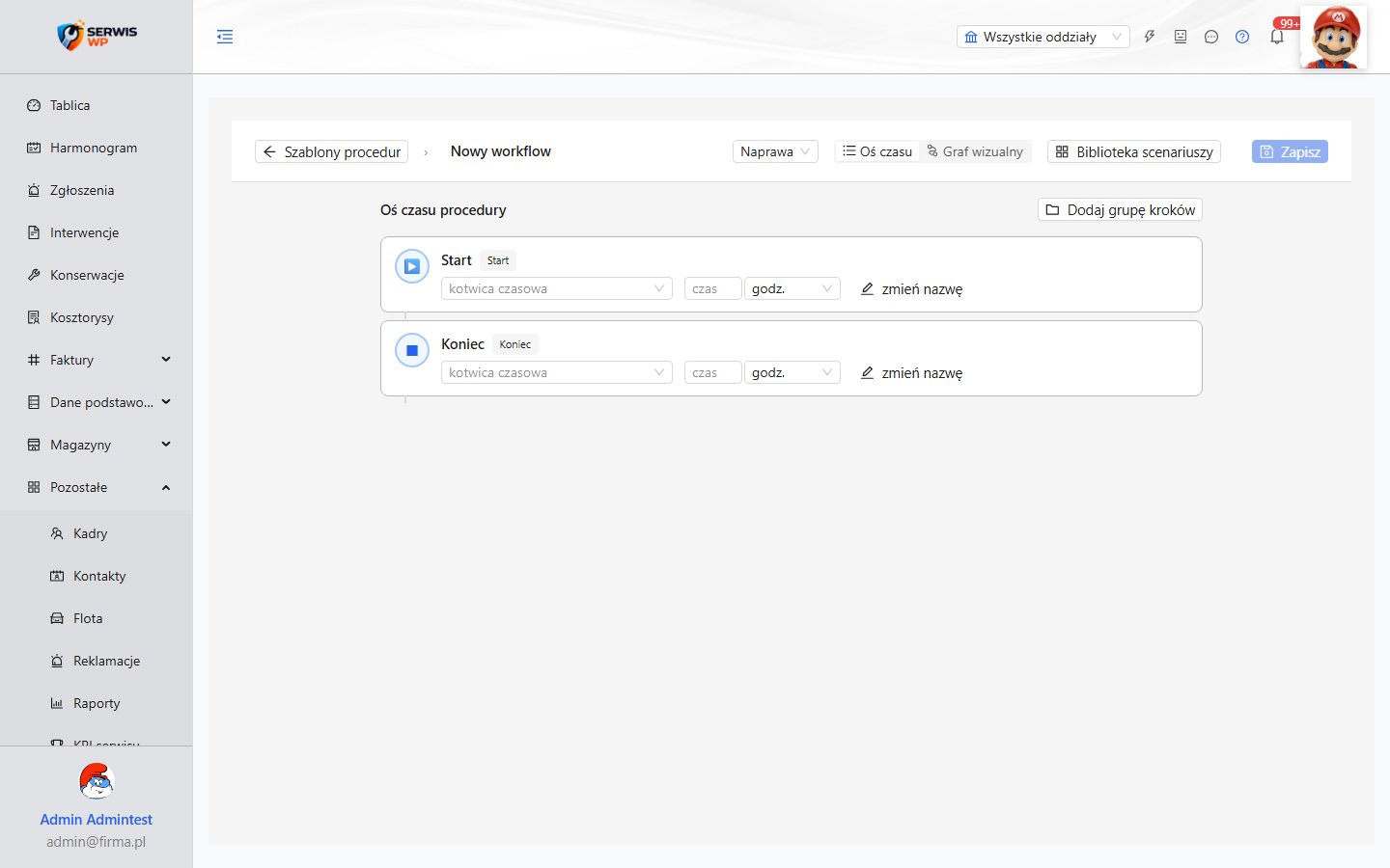Workflow Builder v2 — oś czasu procedury z kotwicami czasowymi